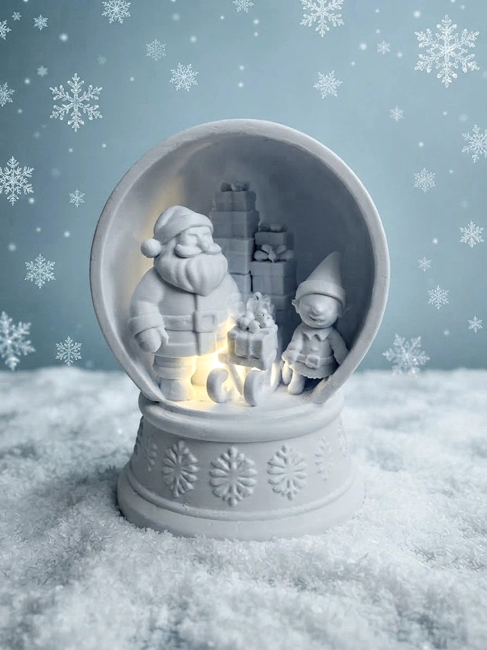 White Christmas Santa & Elf Diorama with Removable LED Candle Light